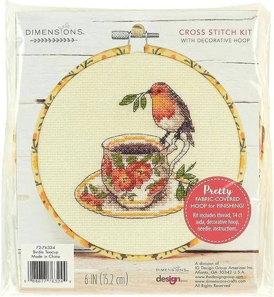 72-76324 Набір для вышивання хрестом Birdie Teacup Чашка з пташкою DIMENSIONS з п'яльцями 1077715 фото