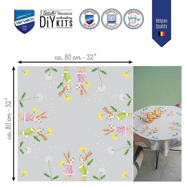 PN-0196673 Набір для вишивання хрестом (скатертина) 80х80см Vervaco Великодні кролики 1077843 фото